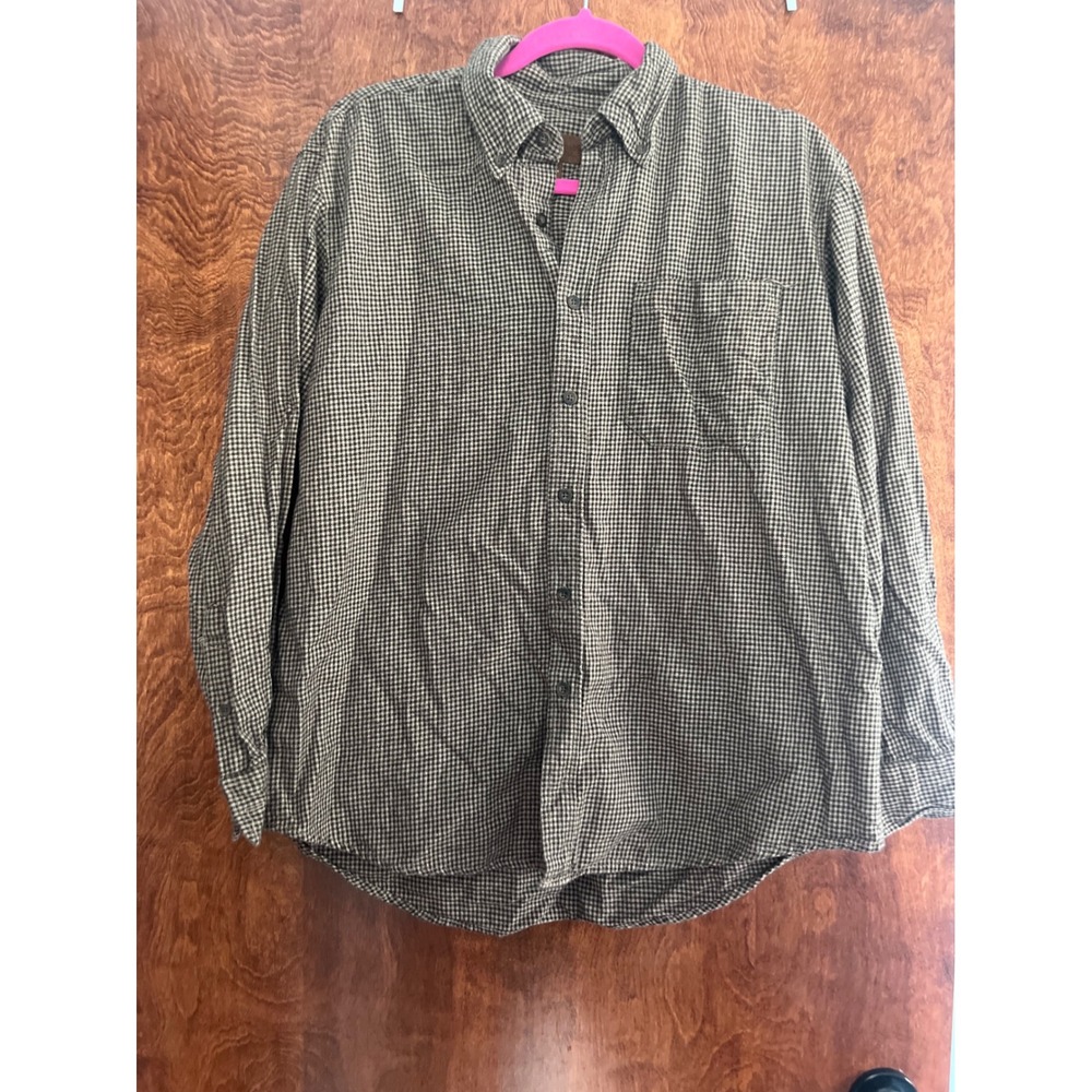 Faded Glory Button Down Mens L Brown Houndstooth Cotton Long Sleeve